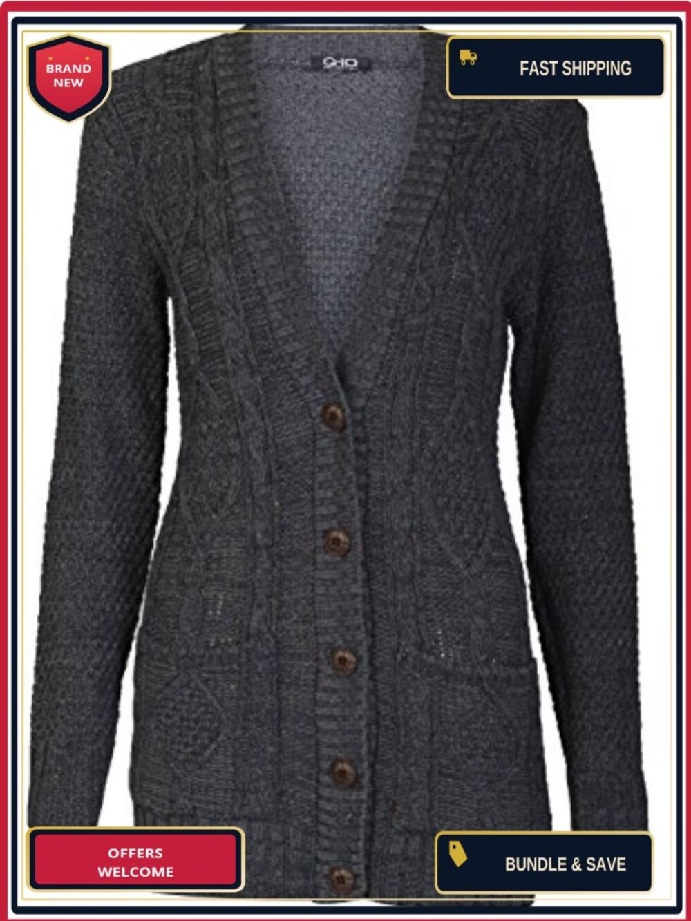 Women's Plus Size Cable Knit Grandad Button V-Neck Long Sleeve Cardigan Sweater